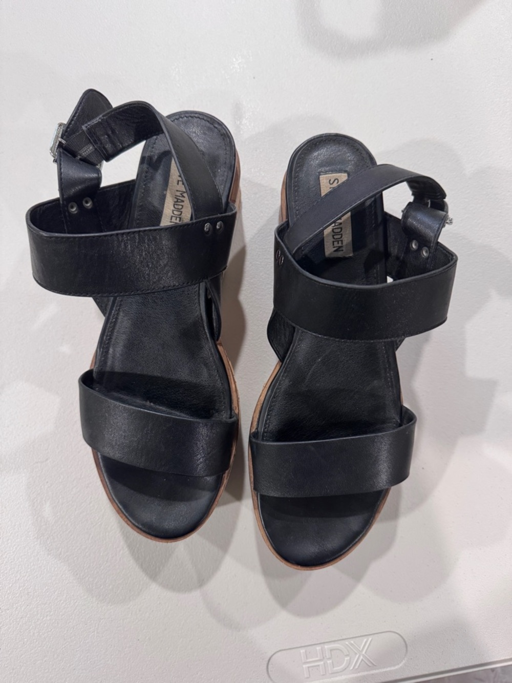 Steve Madden Black Leather Cork Sandal Wedge 10M